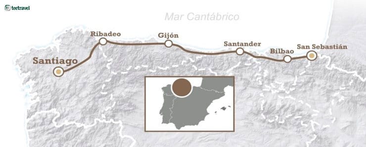 Mapa del Camino del Norte o Camino de la Costa