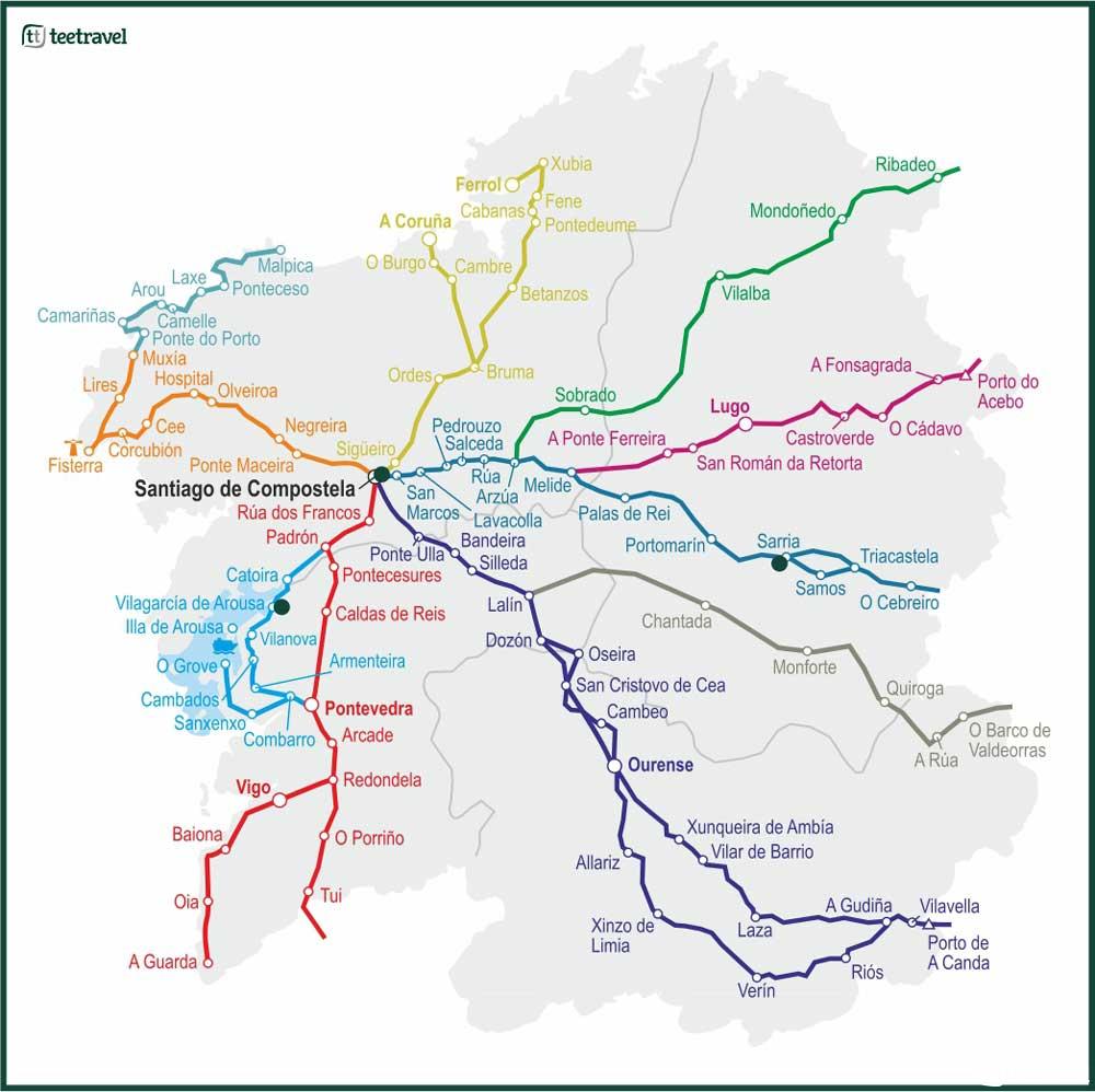 Mapa de los Caminos de Santiago en Galicia